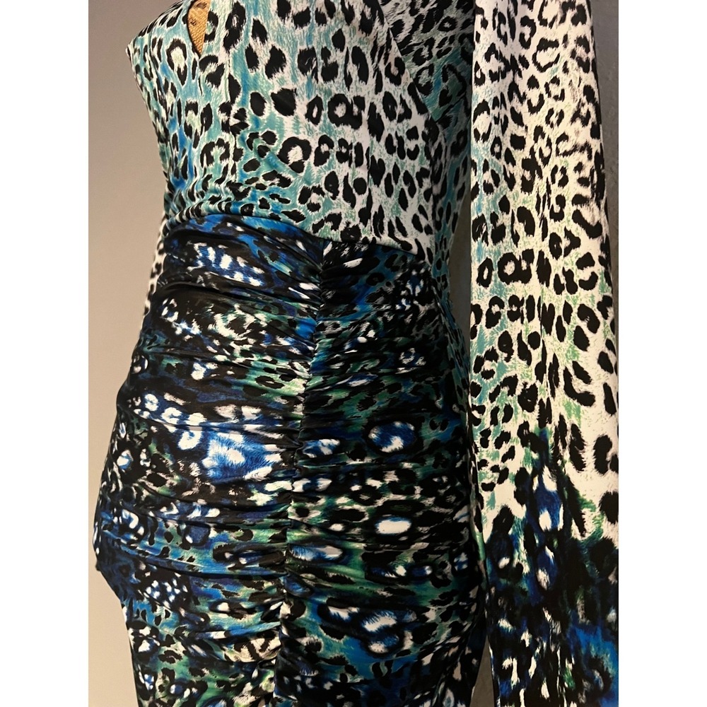 Bebe Blue Leopard Print Ruched V-Neck Long Sleeve Mini Dress XS 70JGW101-V567 - Picture 3 of 8